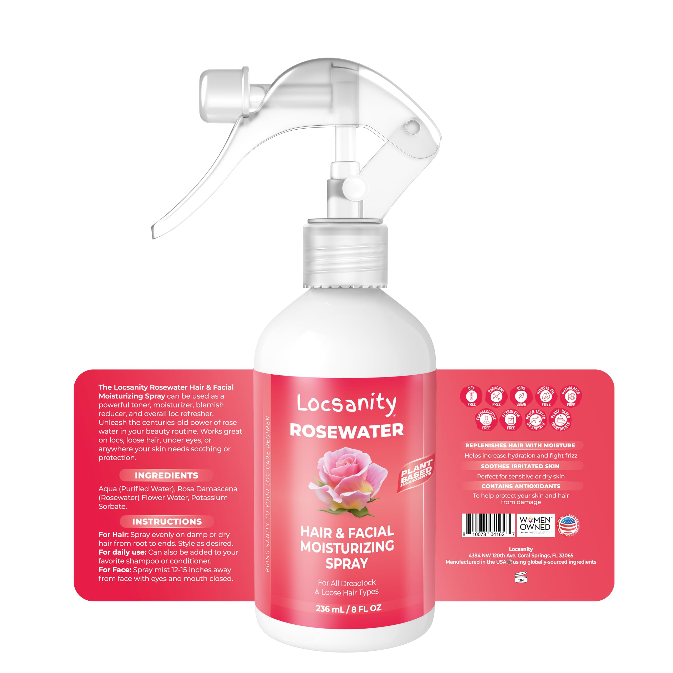 Locsanity rosewater spray applied to face showing refreshing glow and soothing feel