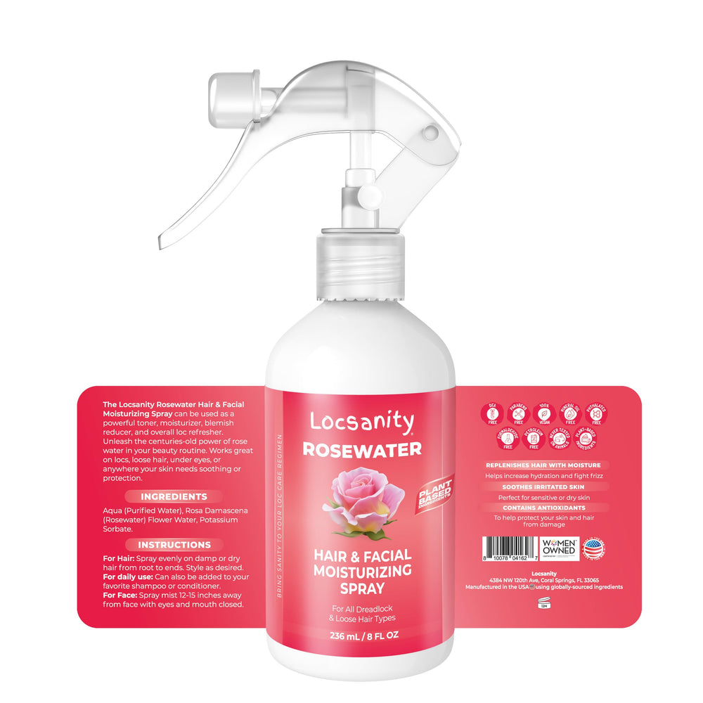 Locsanity rosewater spray applied to face showing refreshing glow and soothing feel