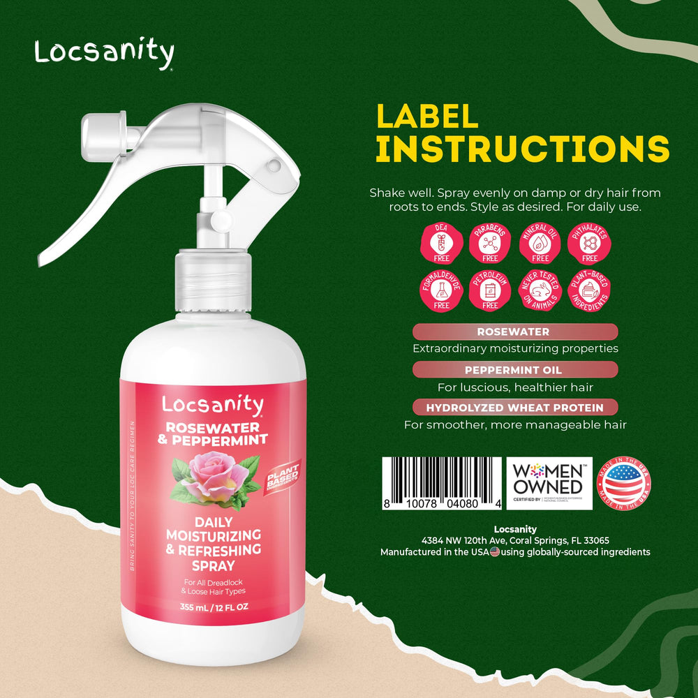 Locsanity rose-water close-up shows vegan, sulfate-free formula for mild scalp care.