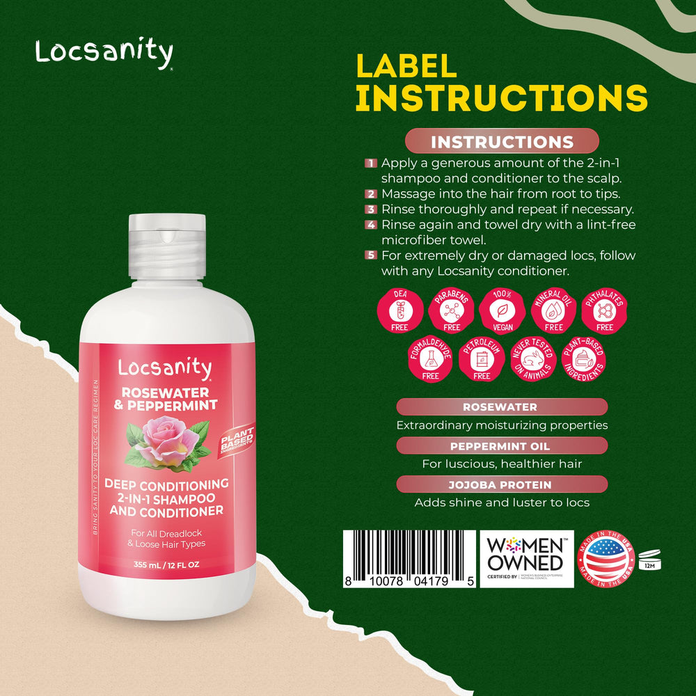 Locsanity Rosewater Peppermint 2-in-1 bottle pouring captures easy wash routine.