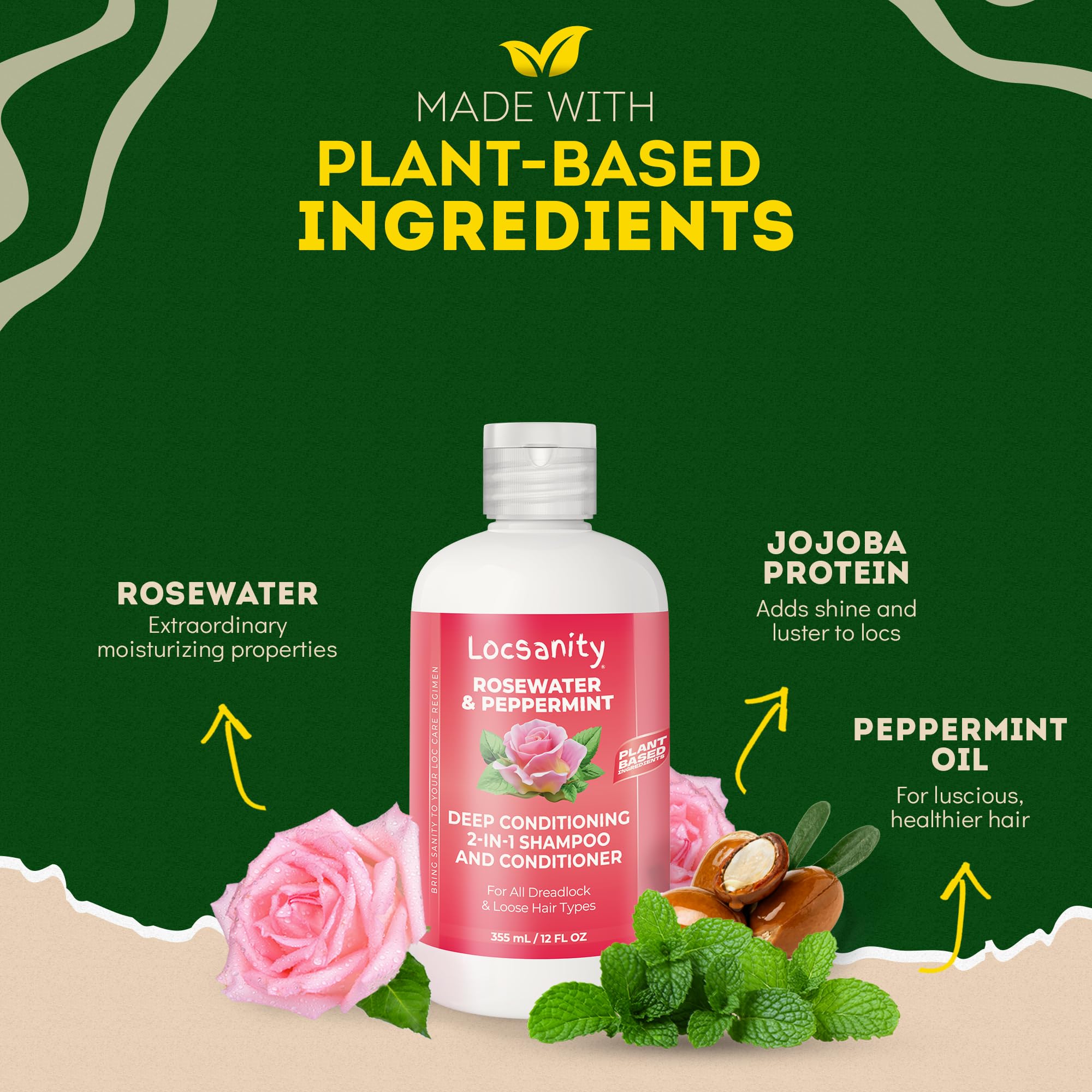 Locsanity Rosewater Peppermint 2-in-1 label highlights paraben-free formula for gentle cleansing.