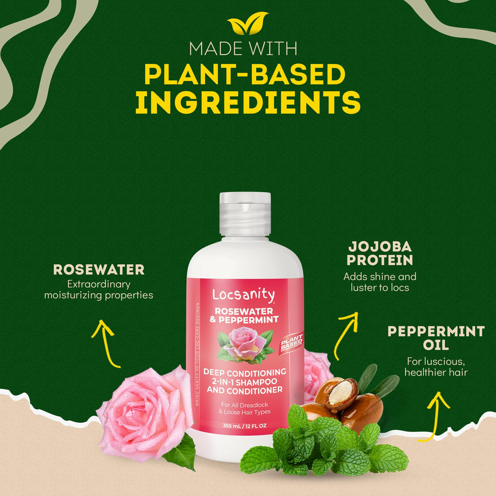 Locsanity Rosewater Peppermint 2-in-1 label highlights paraben-free formula for gentle cleansing.