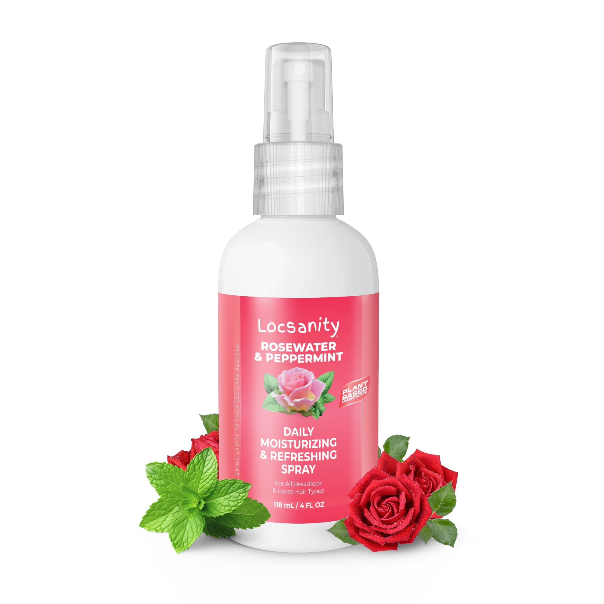 Locsanity rosewater peppermint daily spray bottle shows hydrating loc care