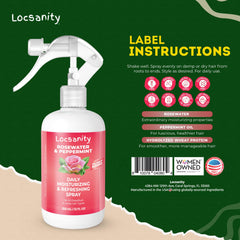 Locsanity Rosewater Peppermint daily spray mist applying for lightweight moisture.