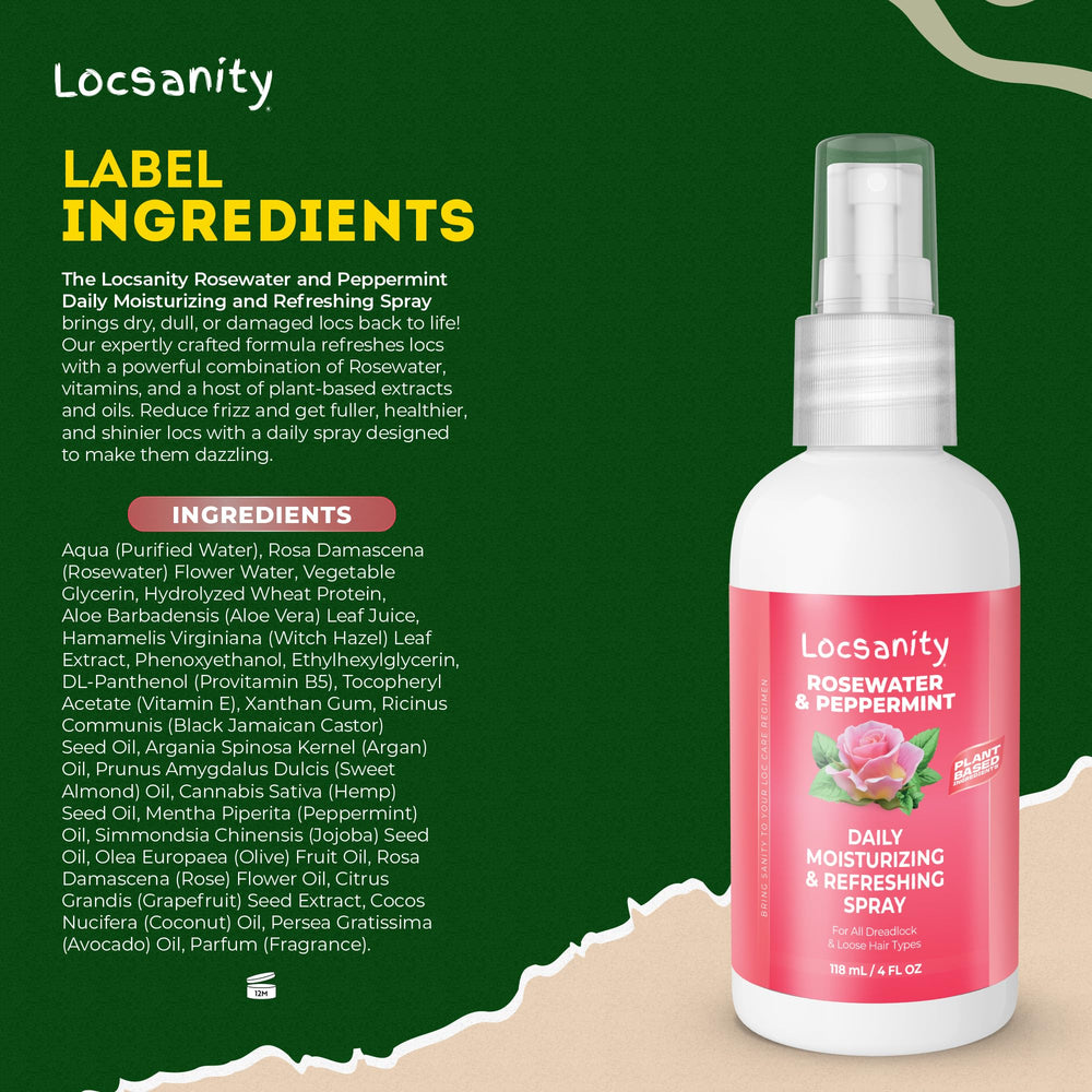 Locsanity rosewater peppermint ingredient panel highlights plant-based antioxidants for healthy locs