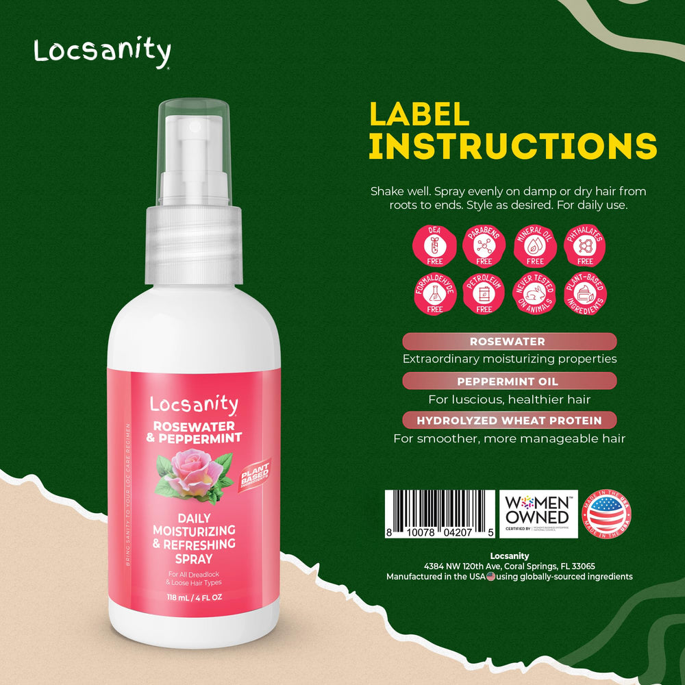 Locsanity rosewater peppermint spray mist on locs demonstrates scalp refresh and buildup reduction