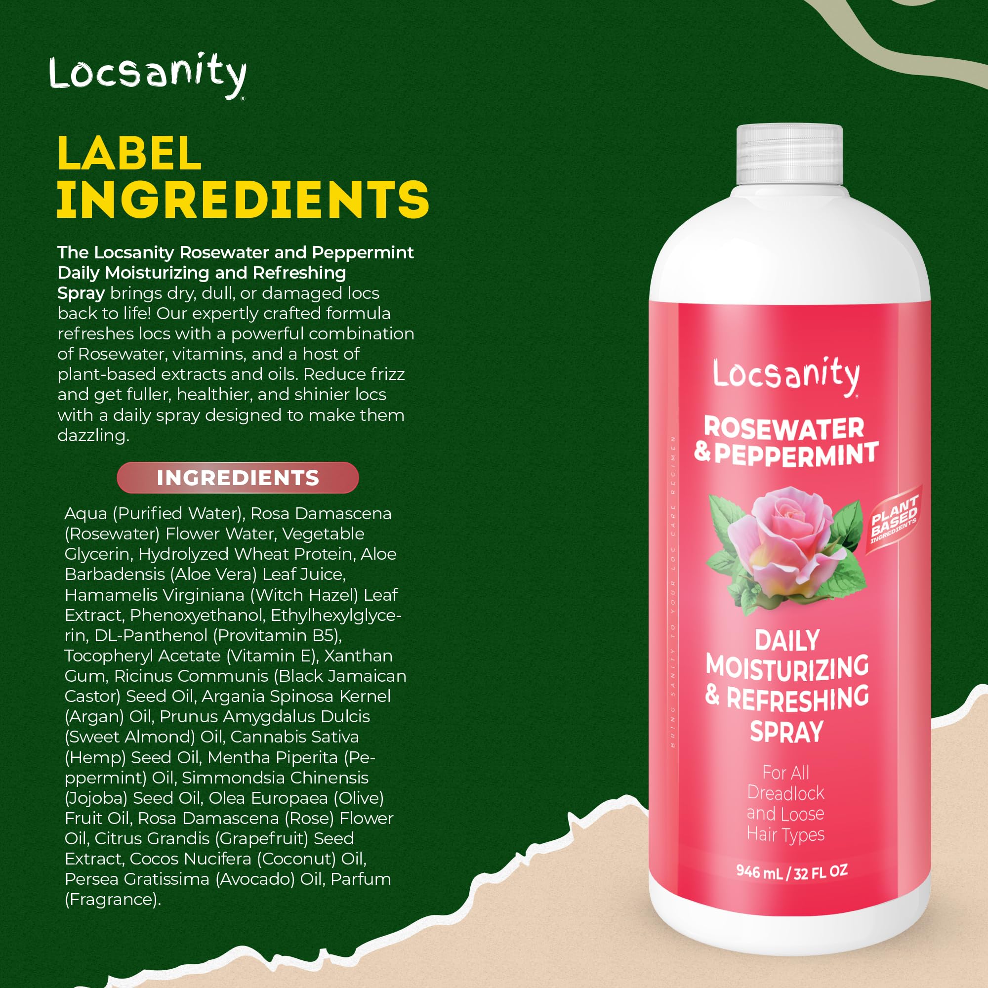 Locsanity Rosewater Peppermint spray on locs delivering soft shine and refreshed curls