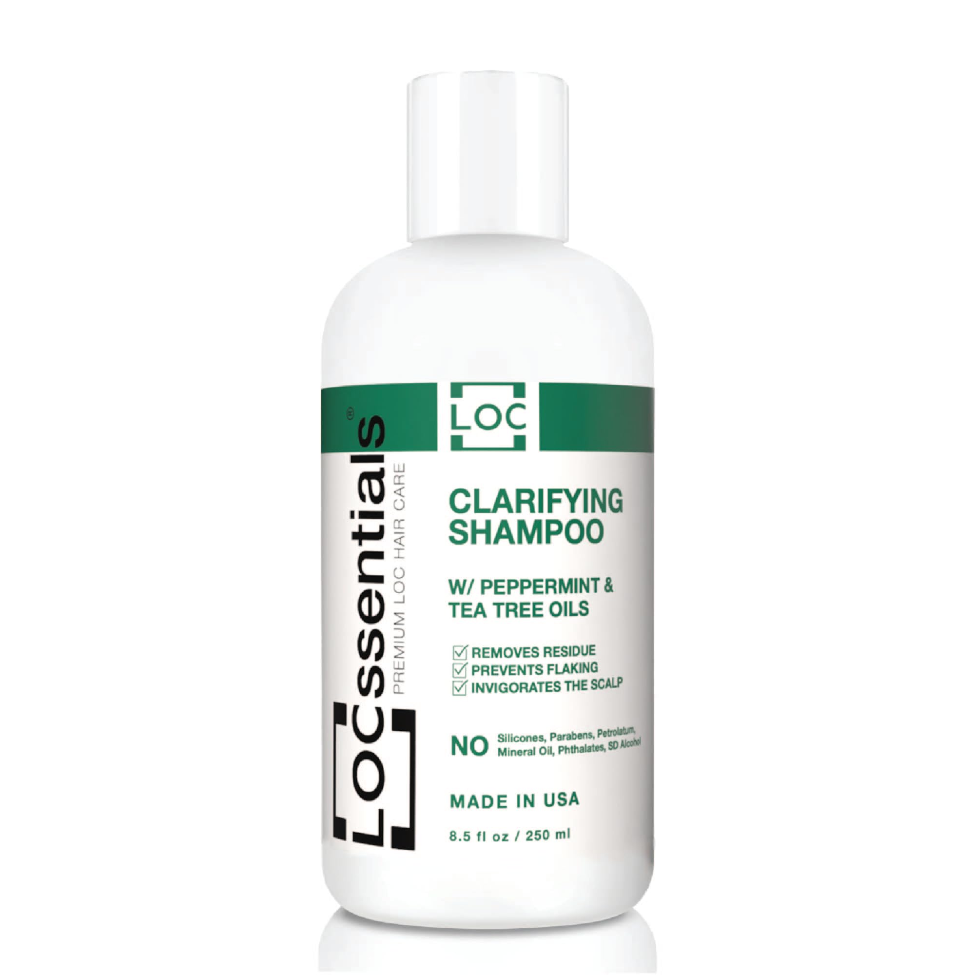 LOCssentials Clarifying Shampoo bottle with peppermint and tea tree oils for refreshed locs.