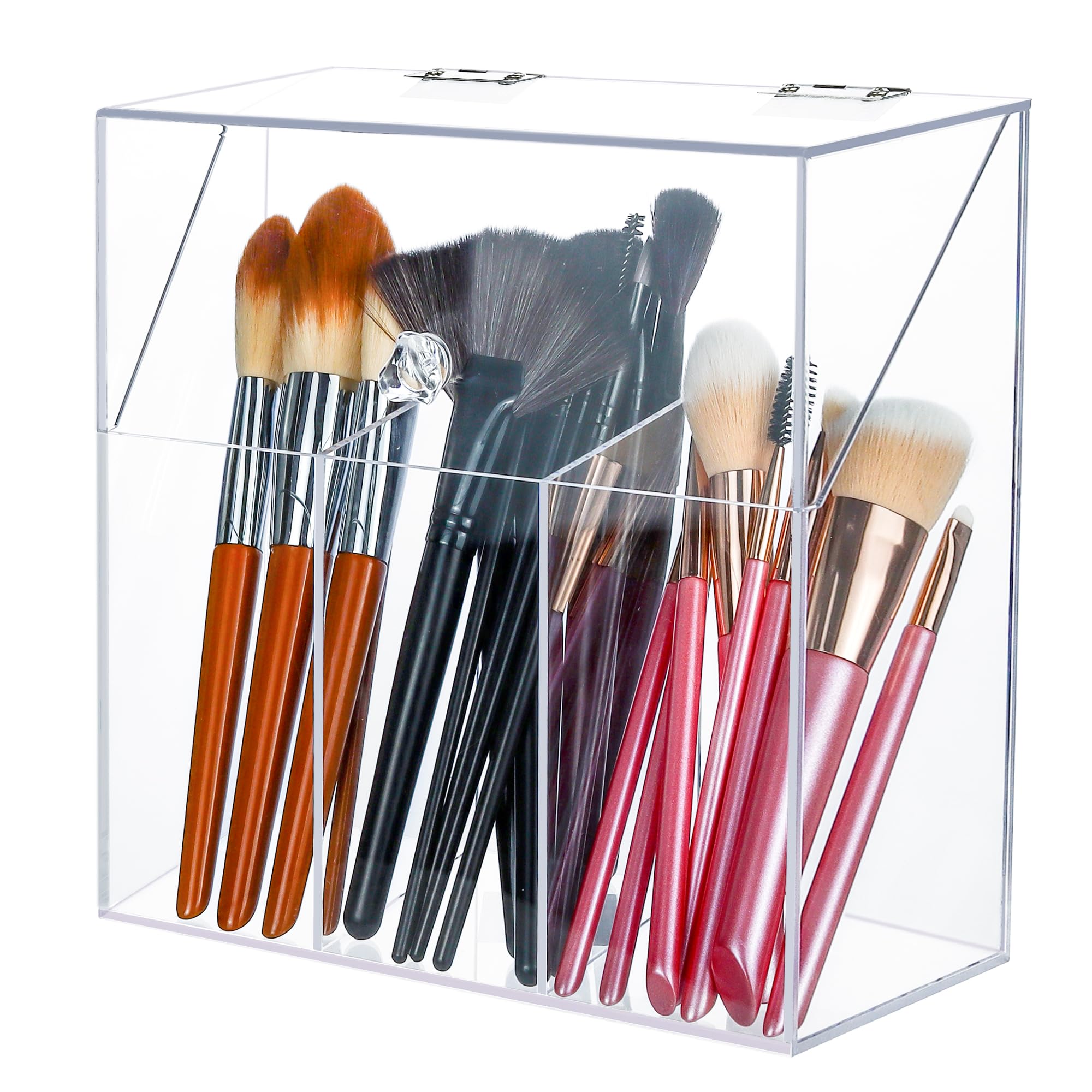 LOHRYVIO acrylic brush holder with lid showcases large capacity for many brushes.