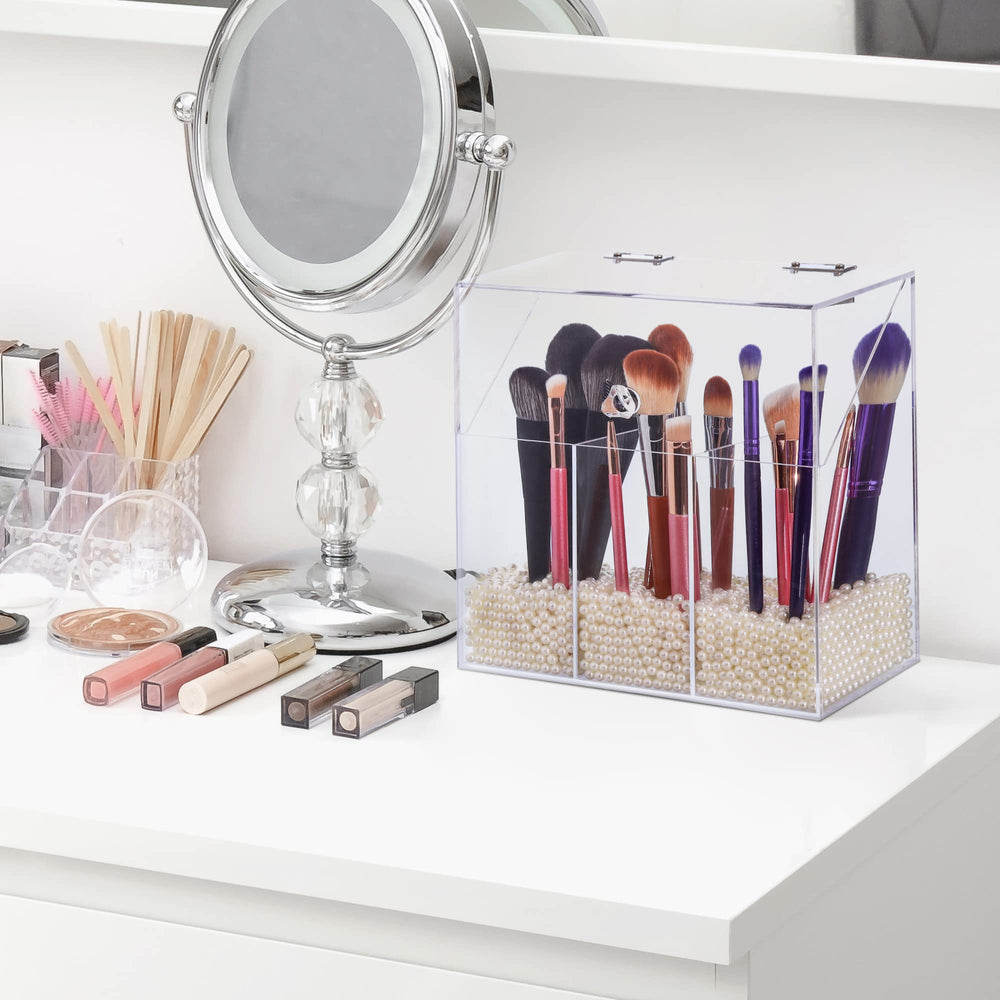 LOHRYVIO dust-proof brush organizer keeps brushes clean and organized.