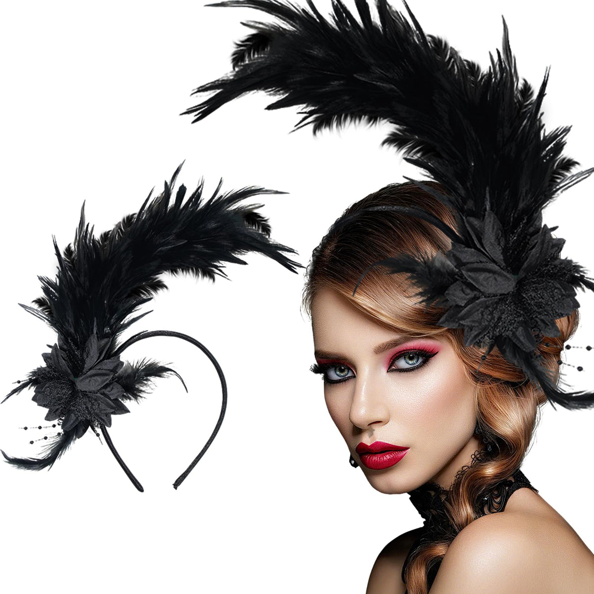 Loieryk Feathers Fascinator Headband in 1920s glam for tea parties.