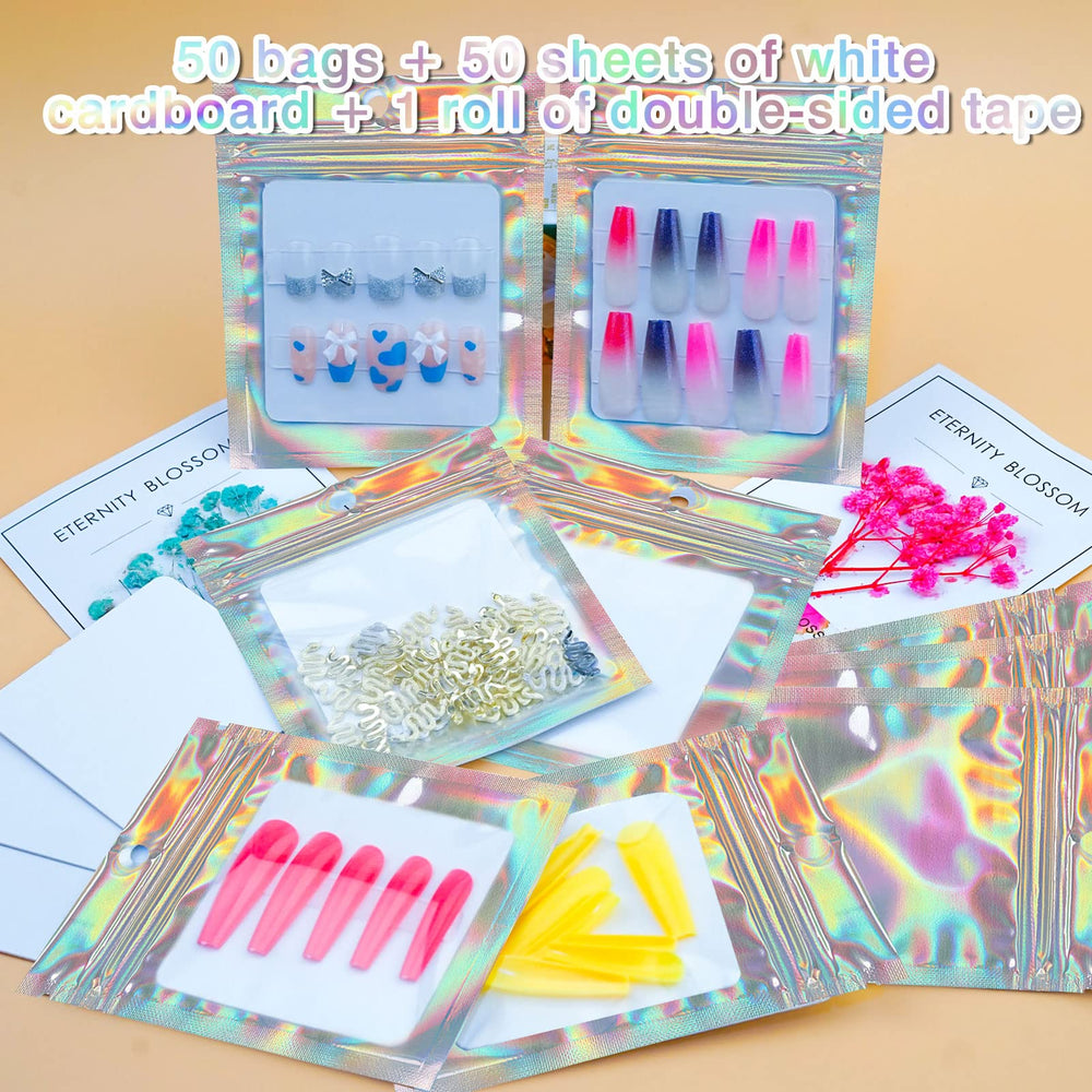 Lokyango-50pc-nail-packaging-set includes bags, boards, and tape for easy stocking.
