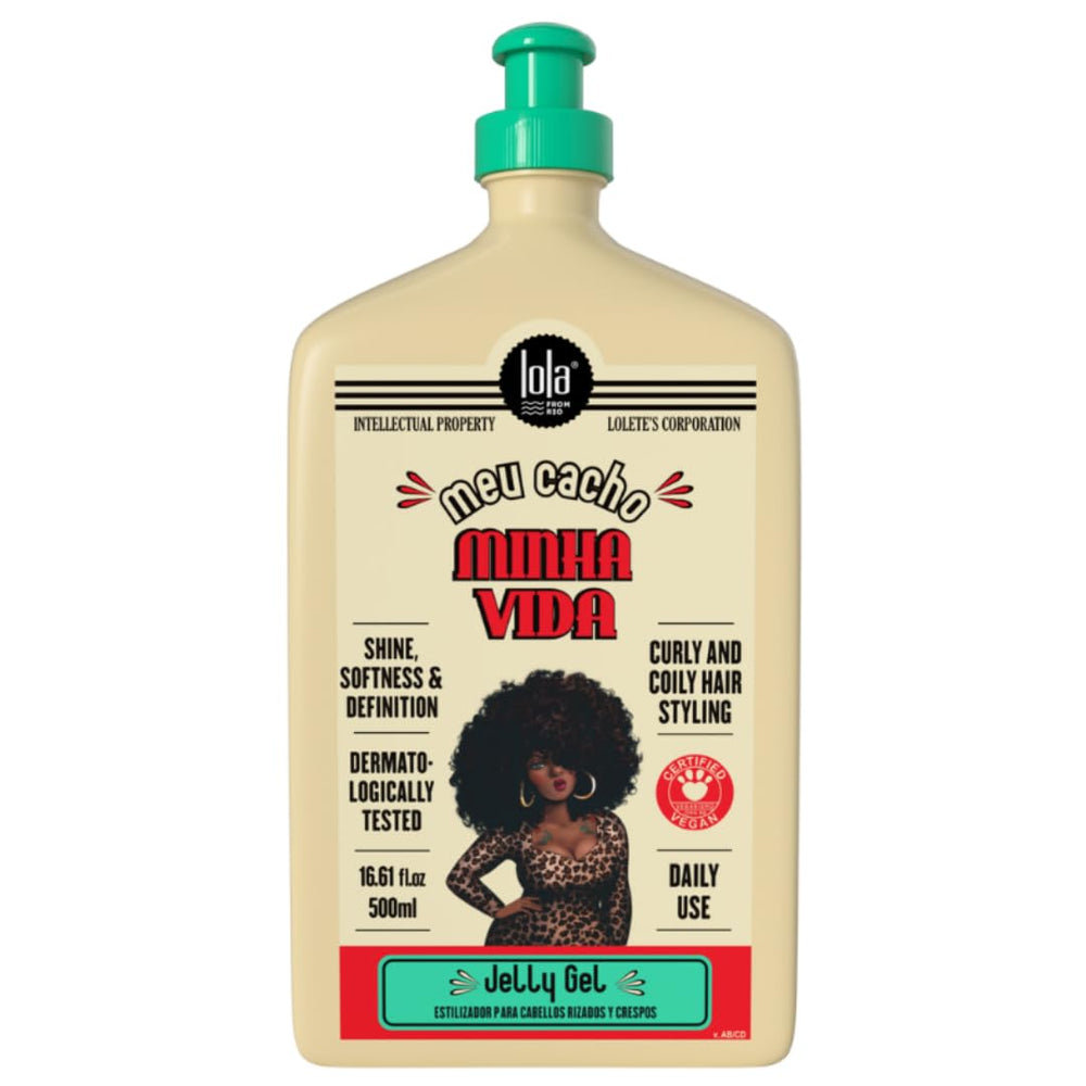 Lola From Rio Meu Cacho Minha Vida bottle closeup shows moisturizing jelly gel for defined curls.