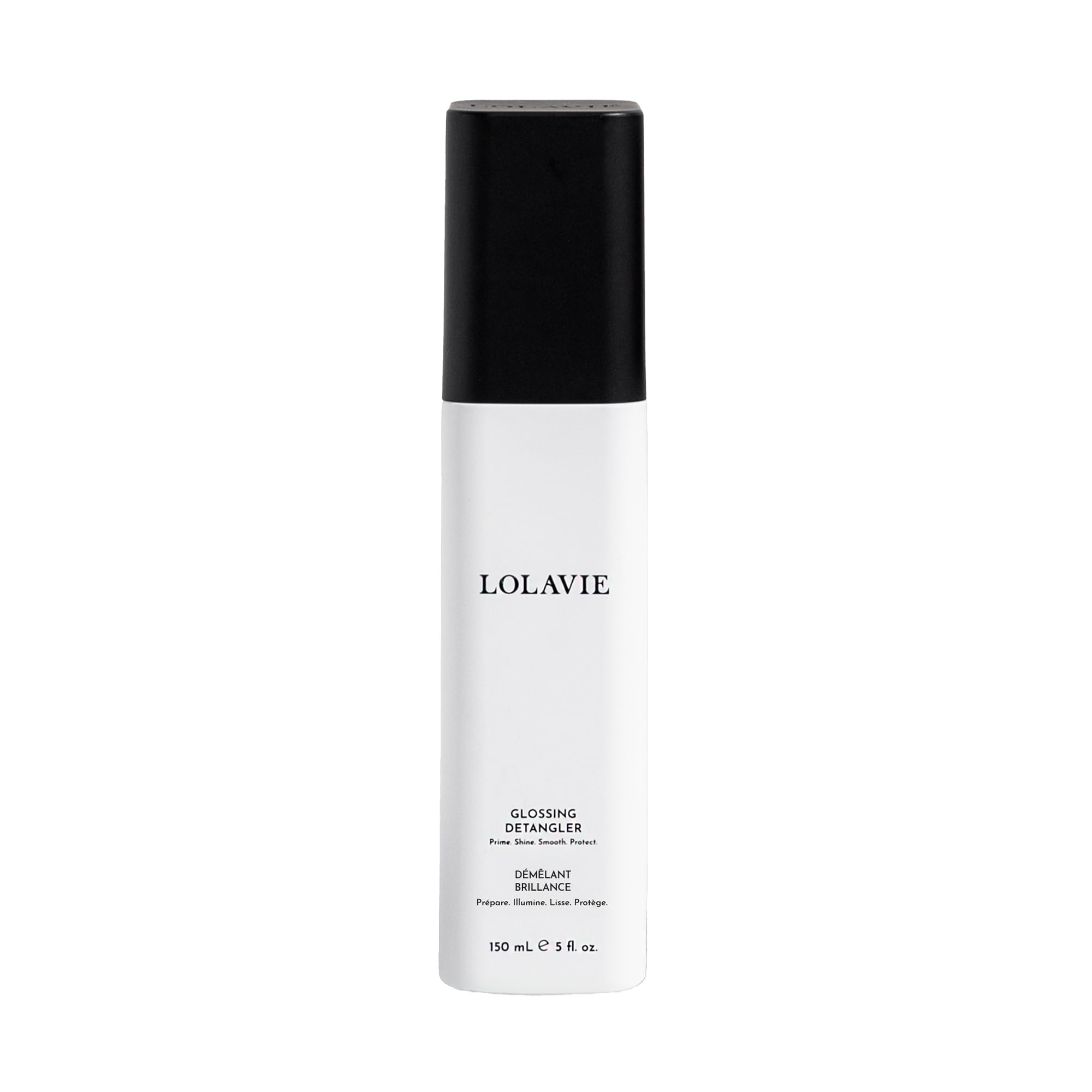LolaVie Glossing Detangler bottle demonstrates all-in-one detangling and heat protection.