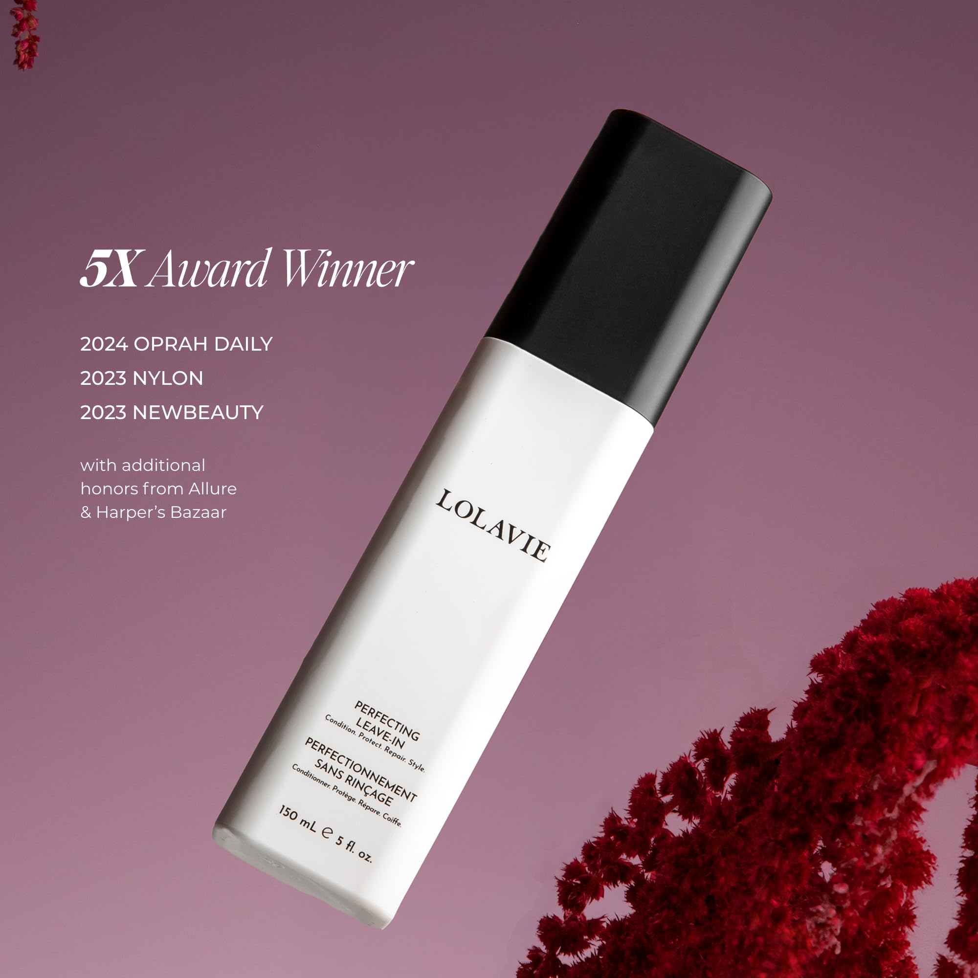 LolaVie Perfecting Leave-In hair strands close-up highlighting softness and manageability.
