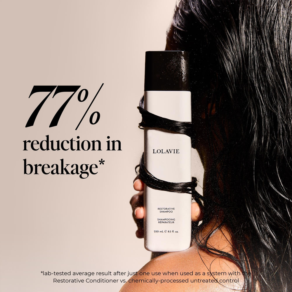 LolaVie Restorative Conditioner bottle highlights conditioning that softens and repairs damage.