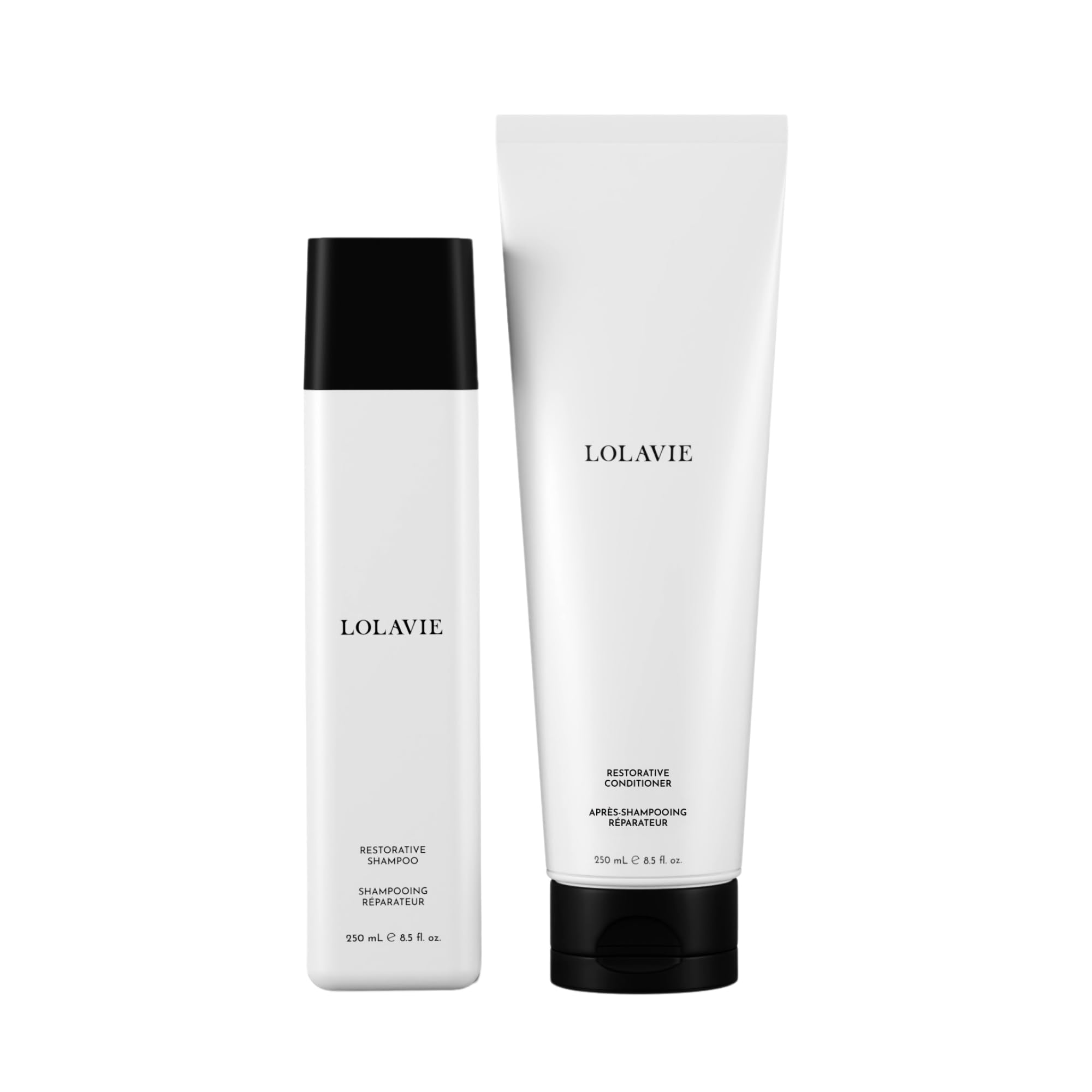 LolaVie Restorative Shampoo bottle shows bond-building formula for healthier-looking hair.