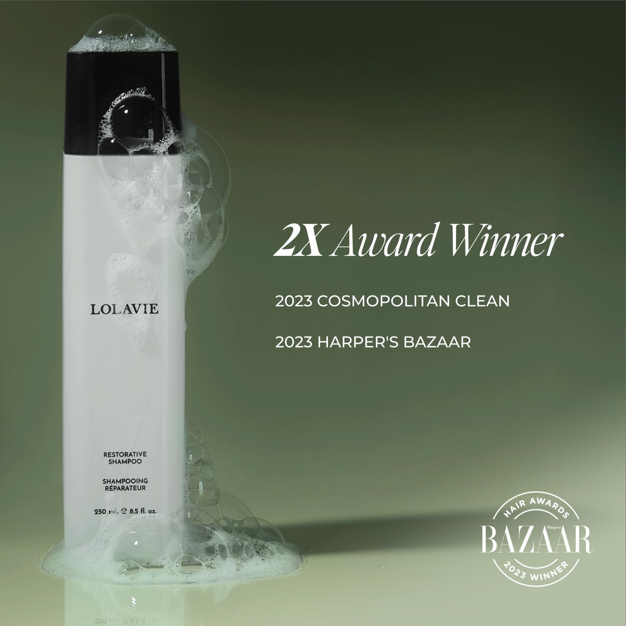 LolaVie Restorative Shampoo frizz-control shot demonstrates calmer, less frizzy hair.