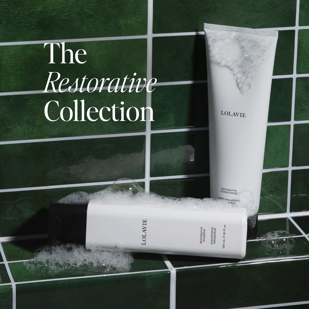 LolaVie Restorative Shampoo pump demonstrates easy, mess-free application for daily use.