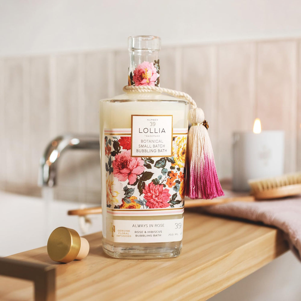 Lollia Always in Rose highlights the cork cap and elegant packaging.