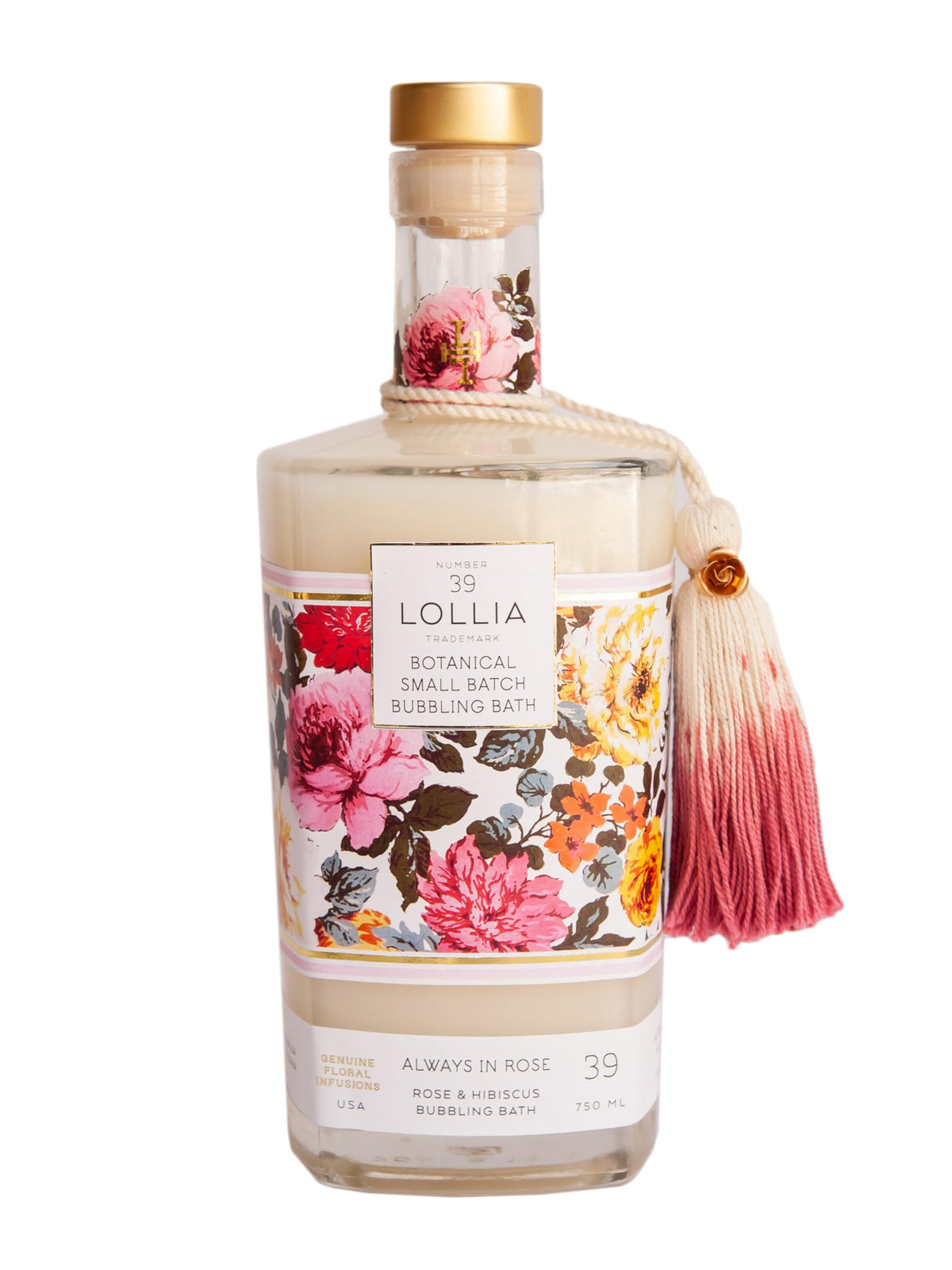 Lollia Always in Rose Bubble Bath glass bottle with blooms for a luxurious home spa ritual.