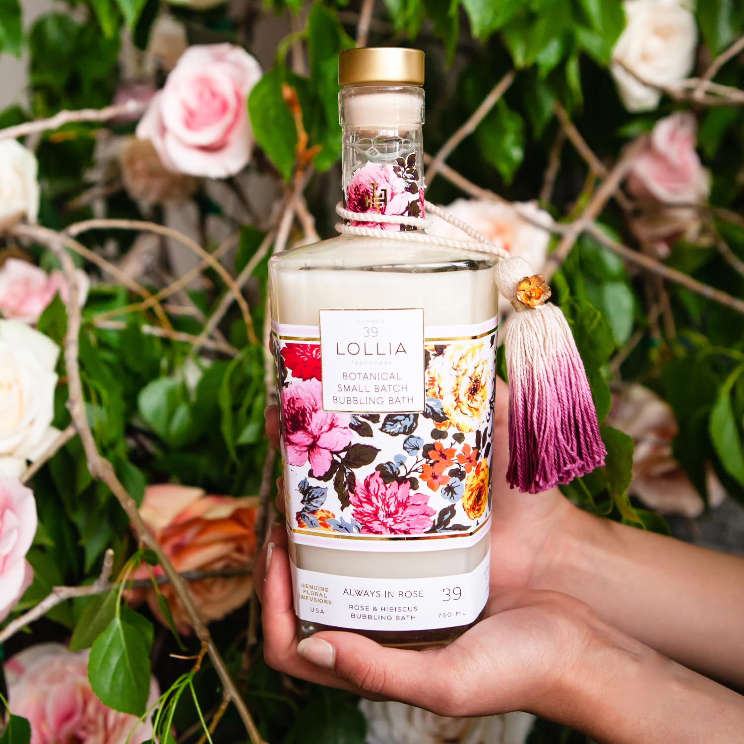 Lollia Always in Rose product shot suggests easy, indulgent self-care at home.