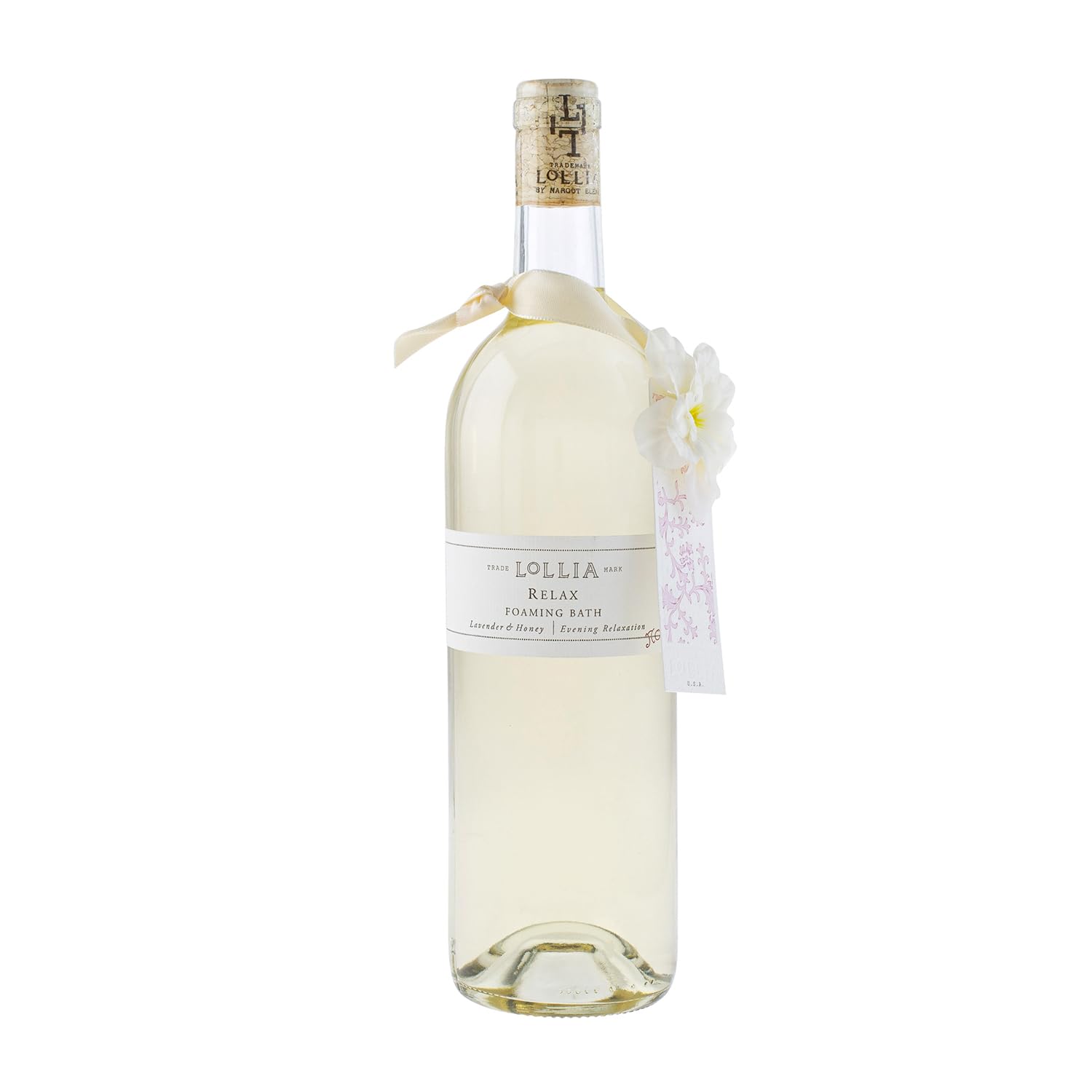 Lollia Relax Bubble Bath bottle front view with lavender-honey aroma for calming bath ritual