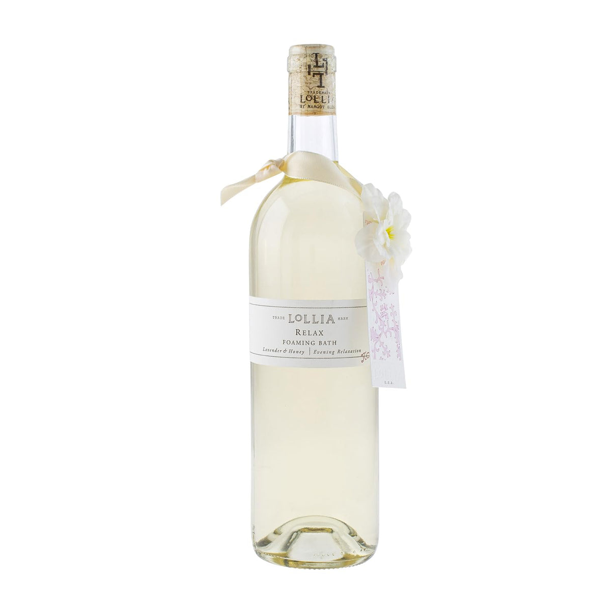 Lollia Relax Bubble Bath bottle front view with lavender-honey aroma for calming bath ritual