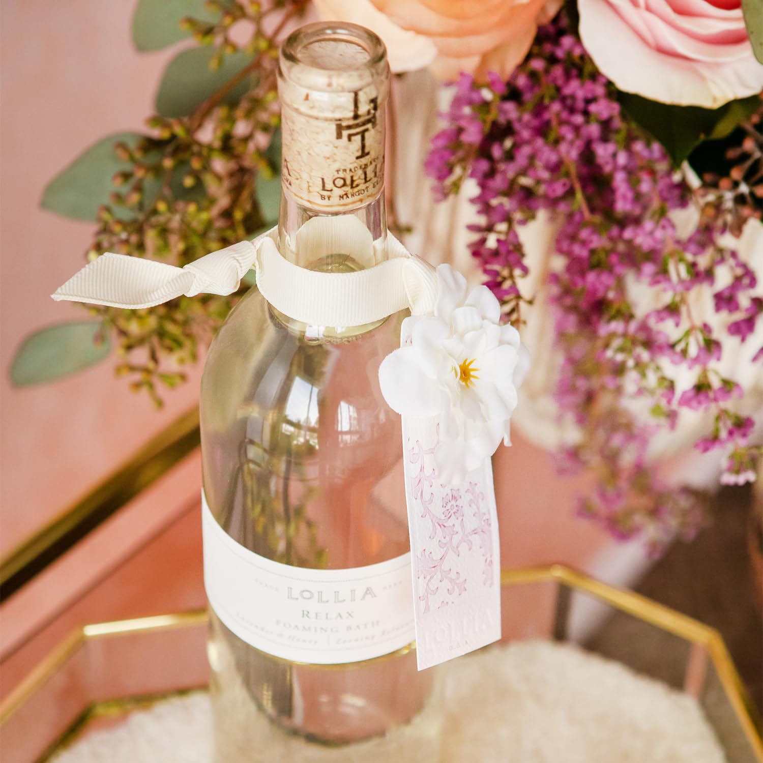 Lollia Relax Bubble Bath opulent packaging with signature cork and corsage