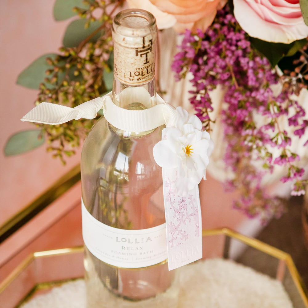 Lollia Relax Bubble Bath opulent packaging with signature cork and corsage