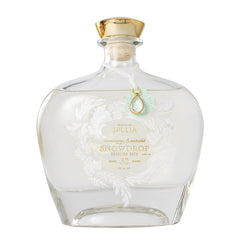LOLLIA Snowdrop bubble bath bottle showcases frosted glass with gold accents for an elegant spa look.
