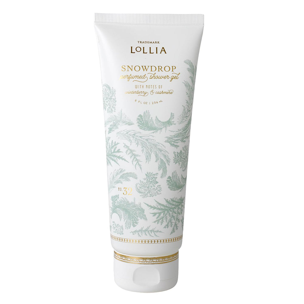 LOLLIA Snowdrop Shower Gel packaging with frost details for a luxe shower routine