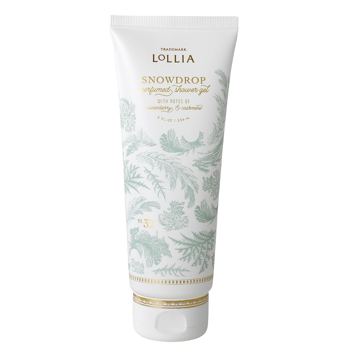 LOLLIA Snowdrop Shower Gel packaging with frost details for a luxe shower routine