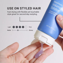 Loma Maximum Volumizing Solution damp hair application demonstrates even distribution for thicker-looking locks.