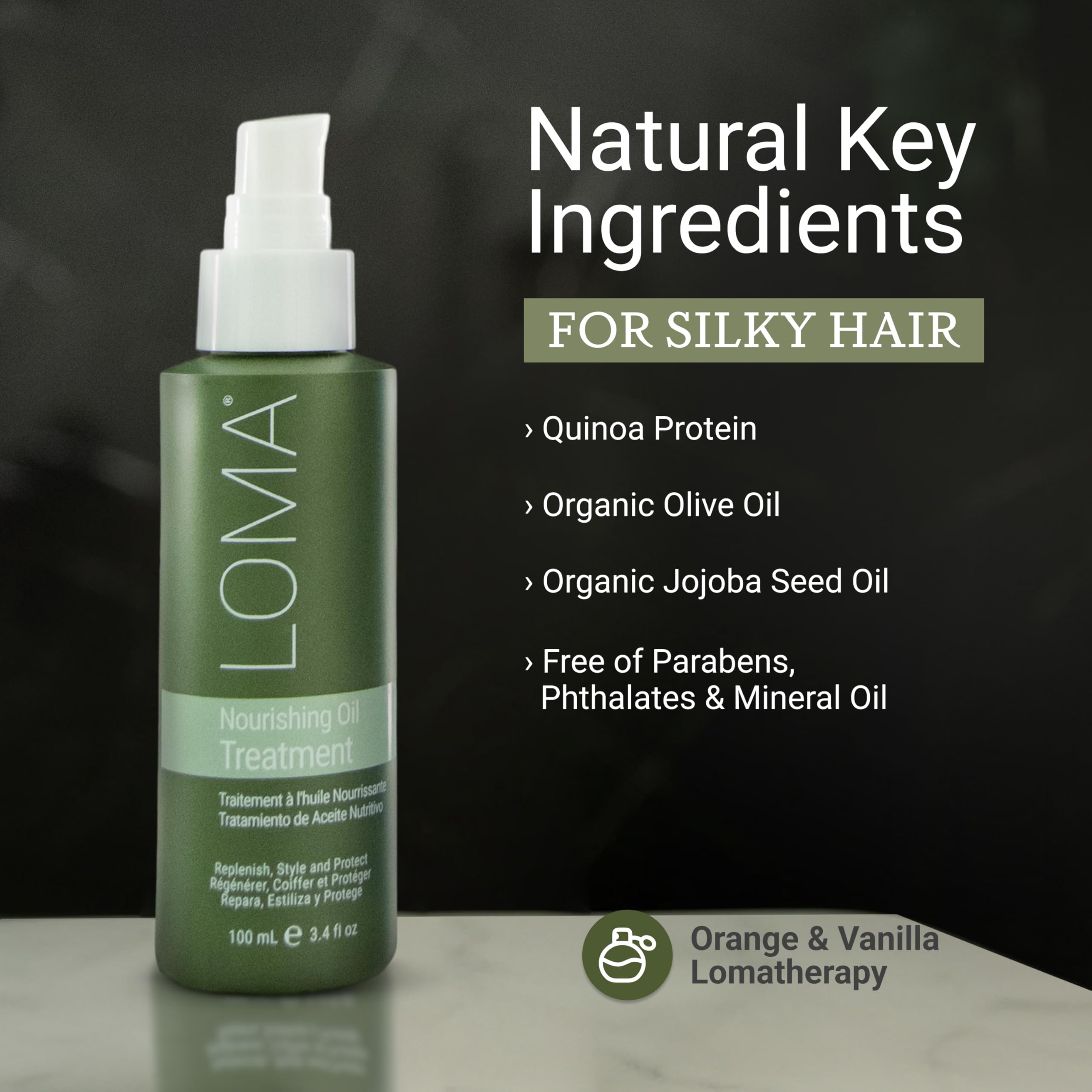 Loma Nourishing Oil Treatment on hair showing glossy smooth finish.
