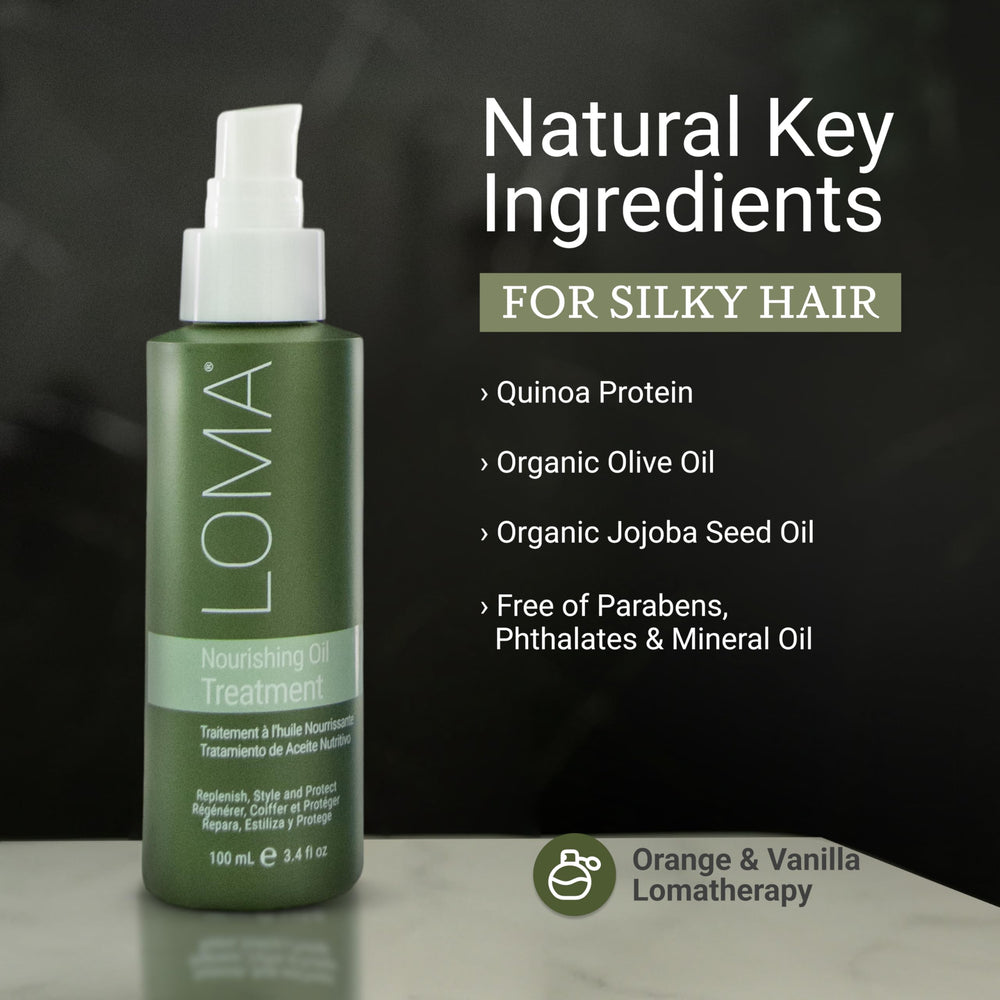 Loma Nourishing Oil Treatment on hair showing glossy smooth finish.