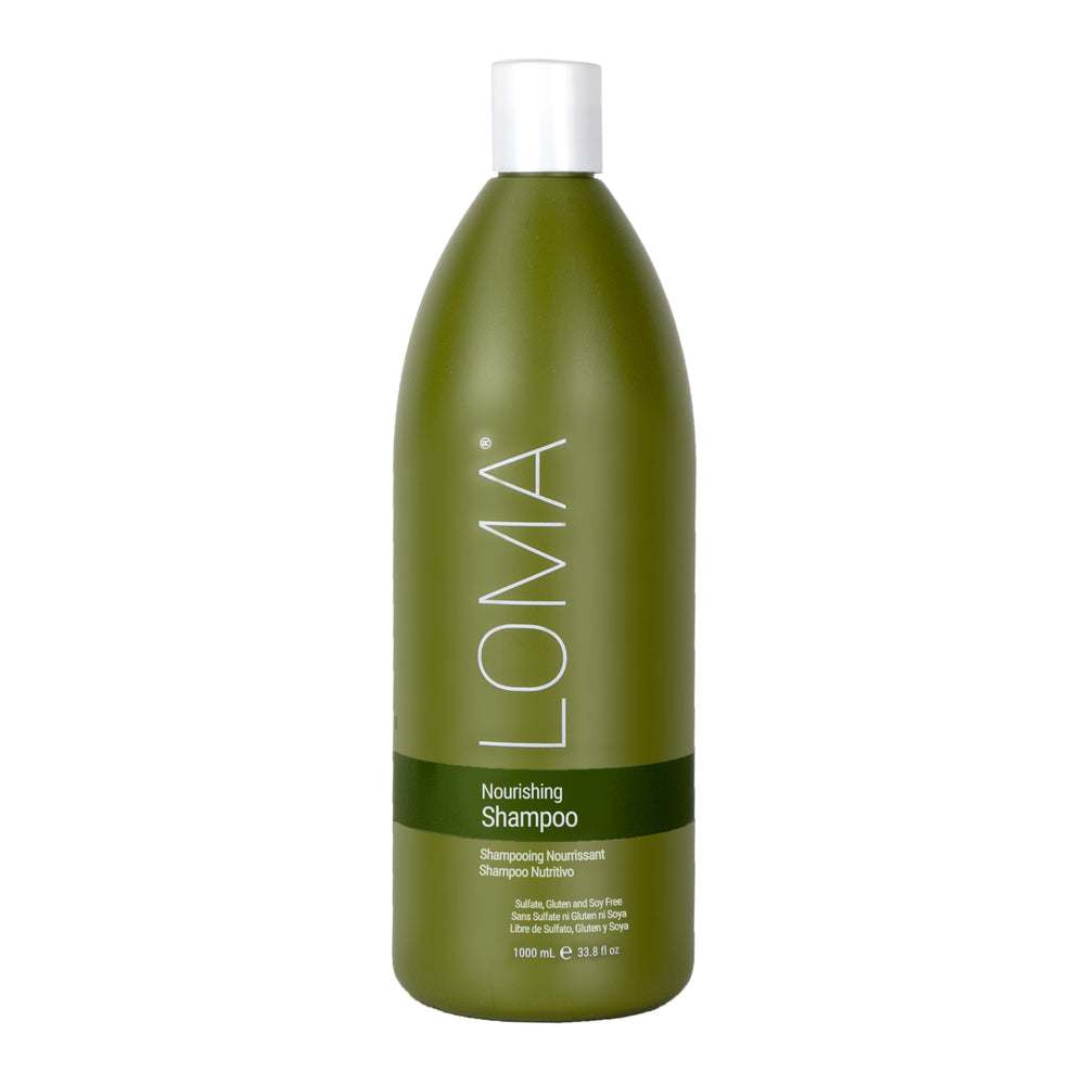 LOMA Nourishing Shampoo bottle showcases a sulfate-free formula for hydrated, healthy-looking hair.