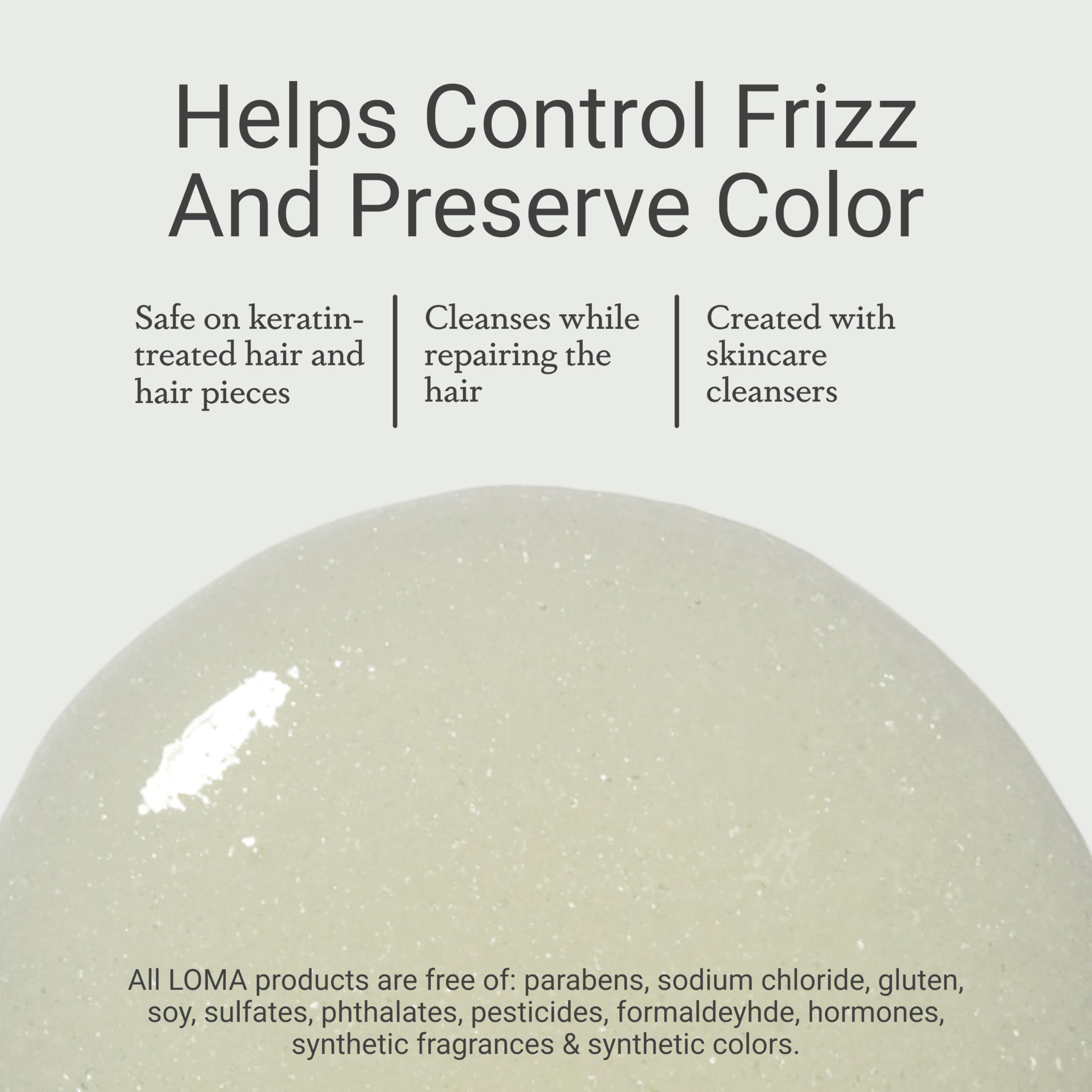 LOMA Nourishing Shampoo bottle label notes keratin-treated hair safety and gentle cleansing.