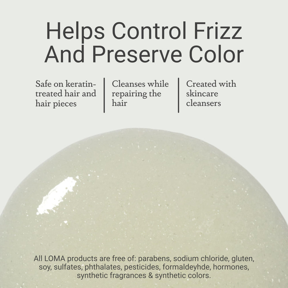 LOMA Nourishing Shampoo bottle label notes keratin-treated hair safety and gentle cleansing.