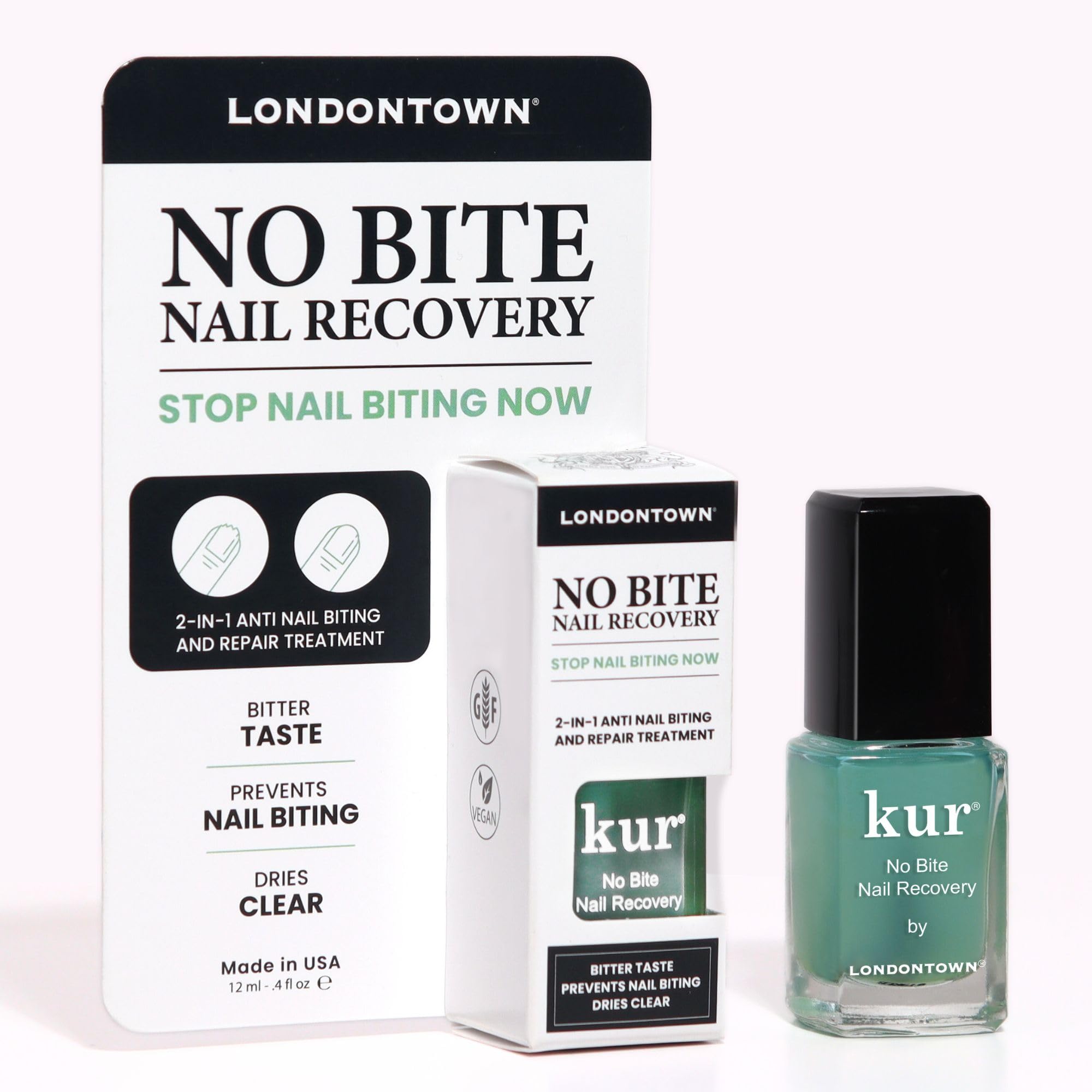 LONDONTOWN No Bite bottle closeup highlighting bitter formula for nail growth and bite deterrence