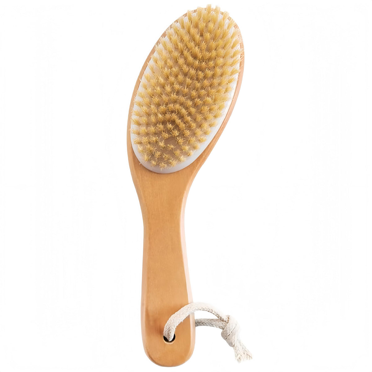LONGCO dry brushing body brush with contoured wooden handle for easy exfoliation.