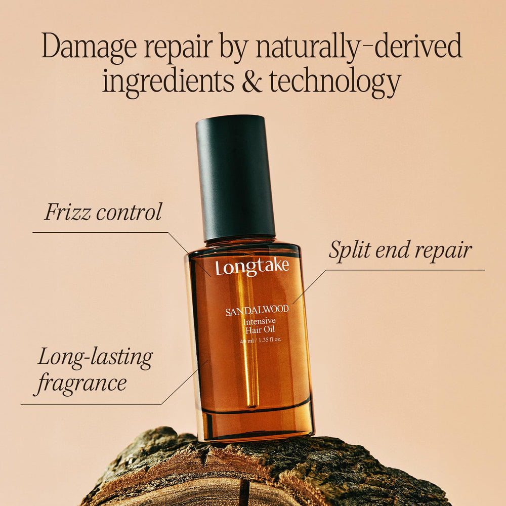 LONGTAKE Sandalwood Hair Oil pour demonstrates precise application with one-pump efficiency.