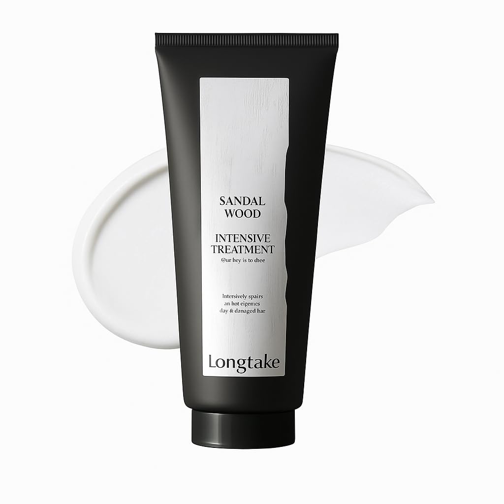 LONGTAKE Sandalwood Treatment bottle close-up for silky, frizz-controlled hair.