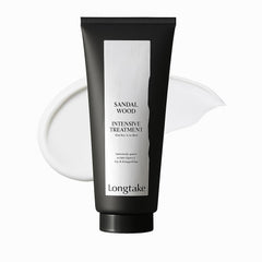 LONGTAKE Sandalwood Treatment bottle close-up for silky, frizz-controlled hair.