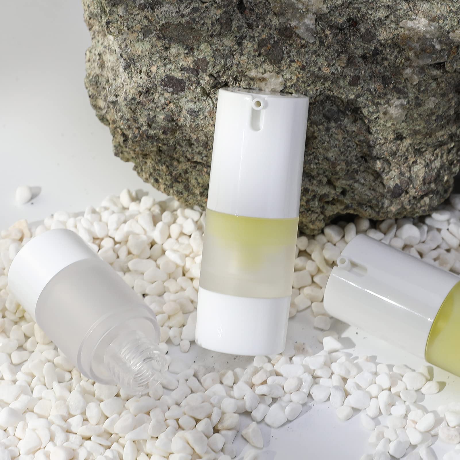 Longway 15ml airless bottle side view, ideal for travel use.