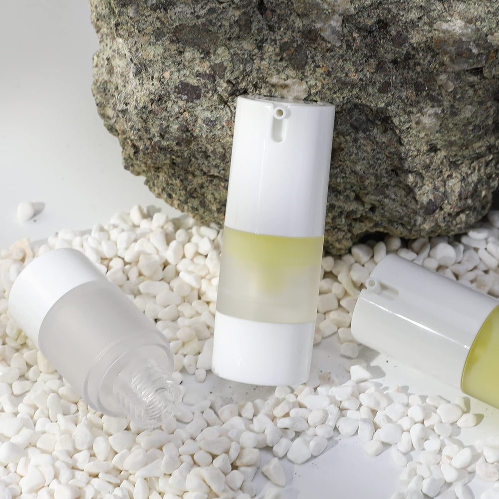 Longway 15ml airless bottle side view, ideal for travel use.