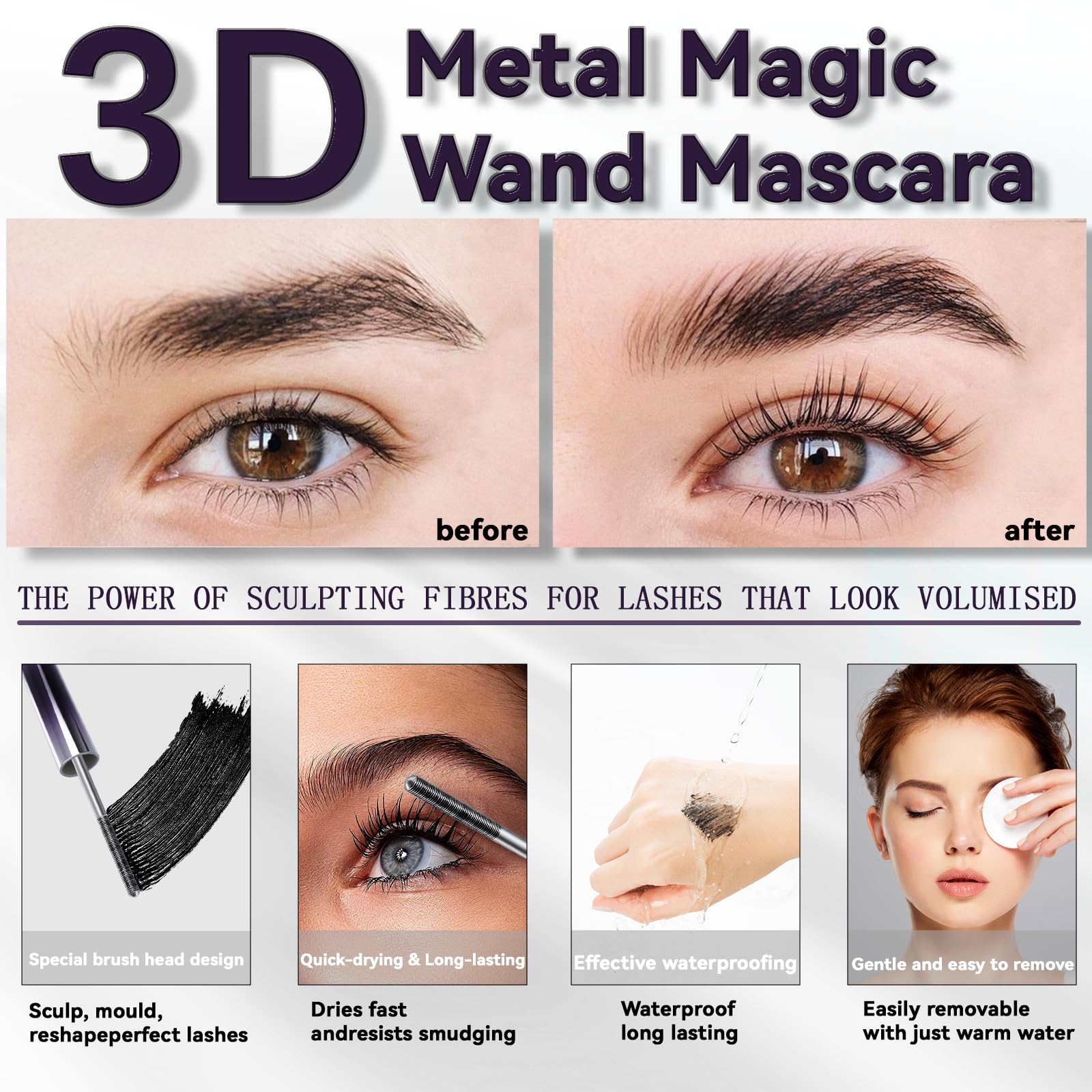 Loobexery metal wand mascara waterproof for all-day wear and smudge resistance.