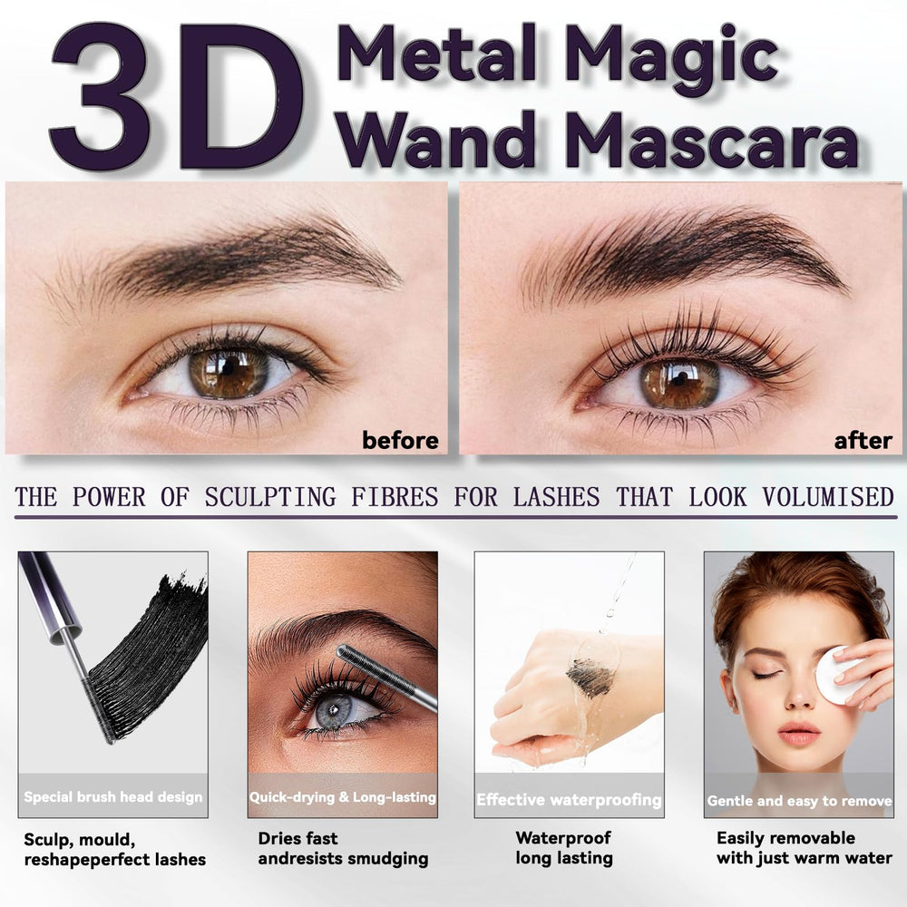 Loobexery metal wand mascara waterproof for all-day wear and smudge resistance.