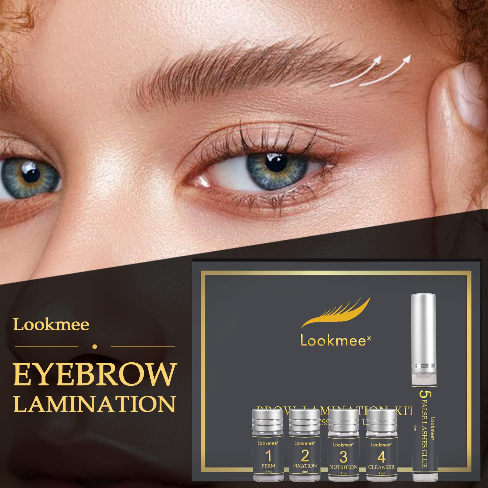 Lookmee eyebrow perm lotion application demonstrates precise brow lifting.
