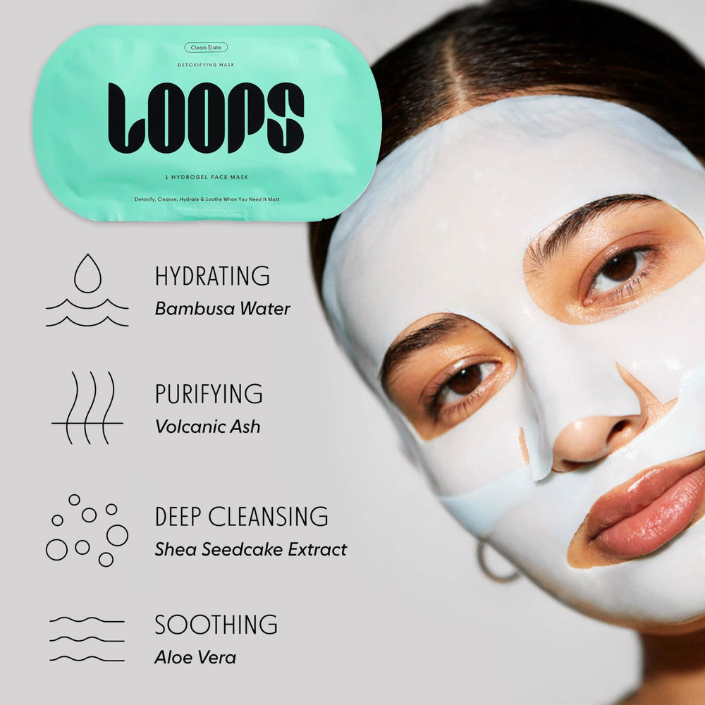 LOOPS CLEAN SLATE kit display highlighting variety of masks for different skin needs